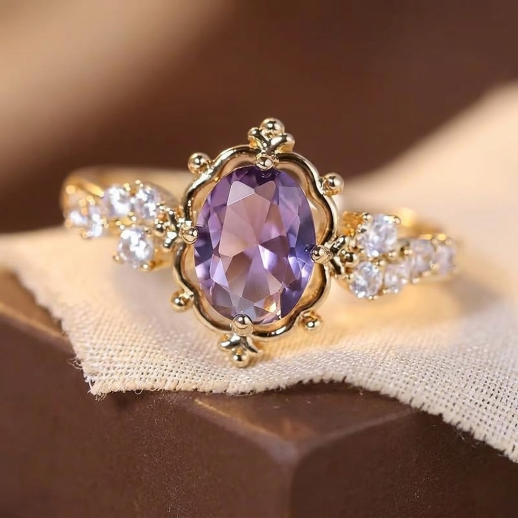 Zlatý prsten s ametystem v princess brusu