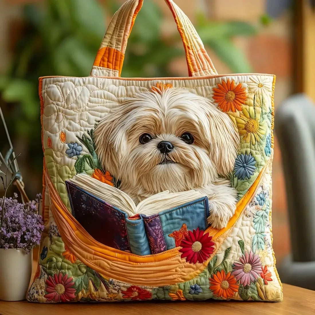 Ručně vyráběná taška - Shih-tzu s knihami a květinami