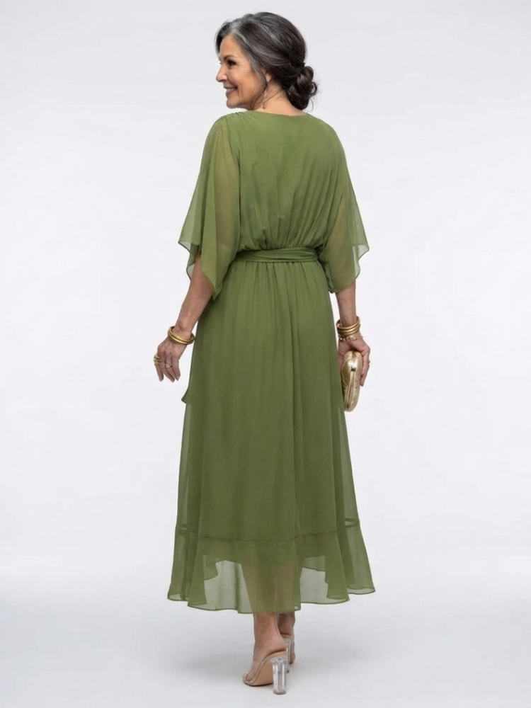 Elysia | V Neck Draped Waist Tie Midi Dress