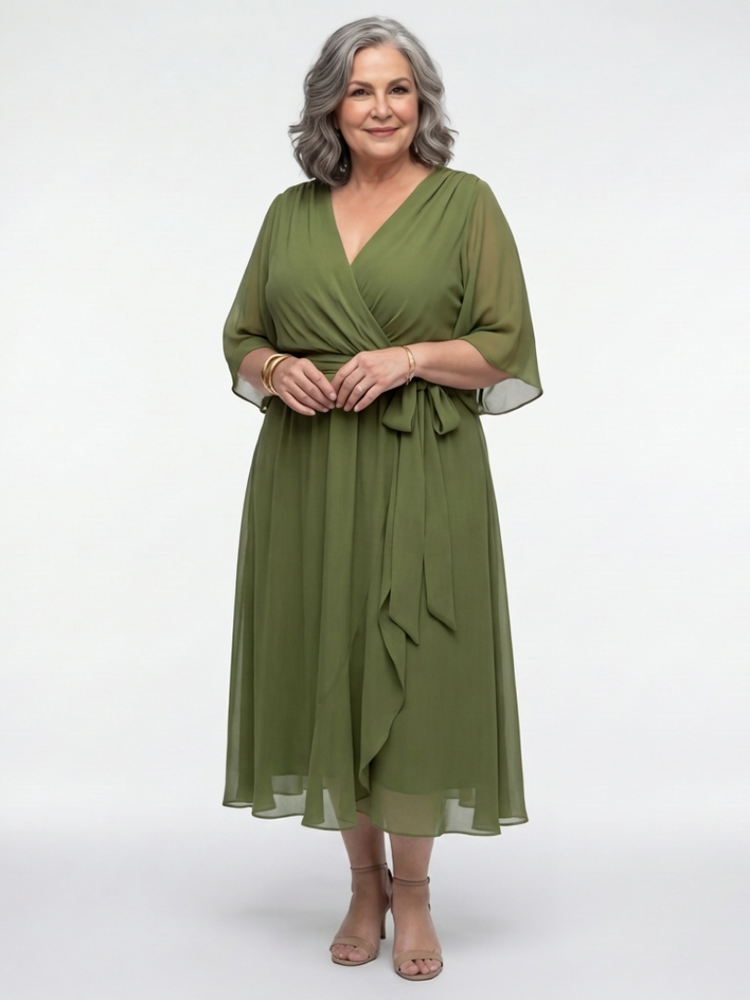 Elysia | V Neck Draped Waist Tie Midi Dress