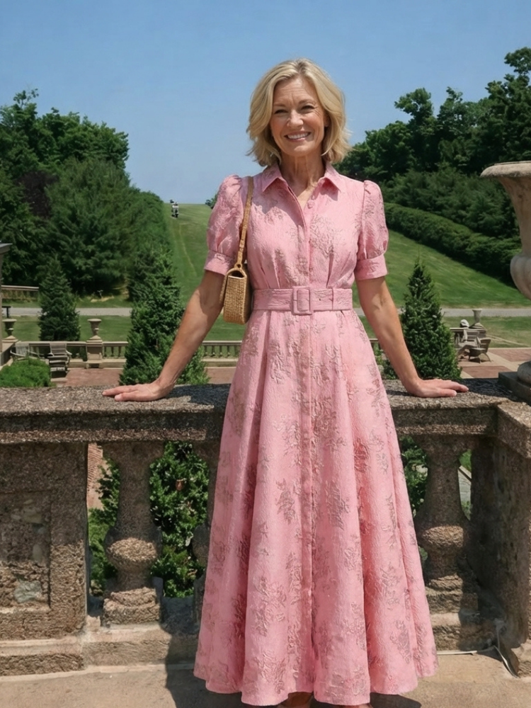 Xanthea | Short Sleeve Belted Floral Textured Maxi Shirt Dress